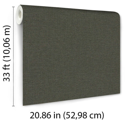 Green linen-textured wallpaper with a traditional pattern in soft tones.