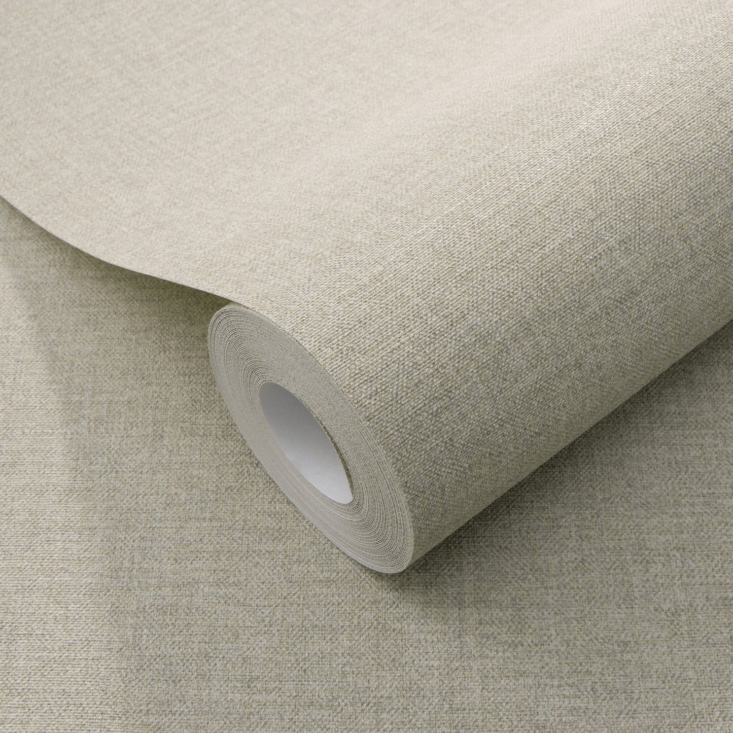 Taupe wallpaper roll with a linen-like texture, wrapped around a white core.