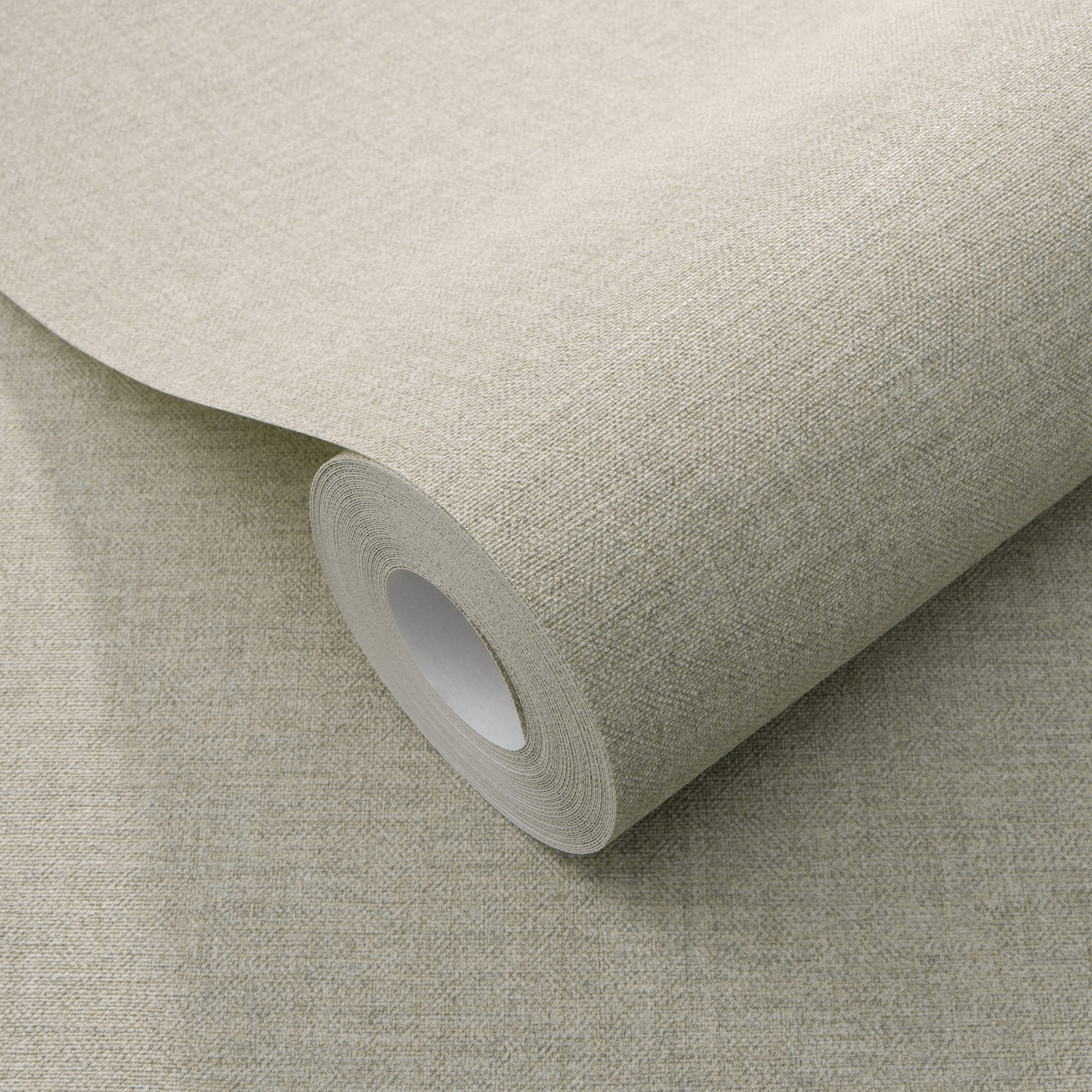 Taupe wallpaper roll with a linen-like texture, wrapped around a white core.