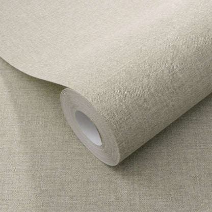 Taupe wallpaper roll with a linen-like texture, wrapped around a white core.