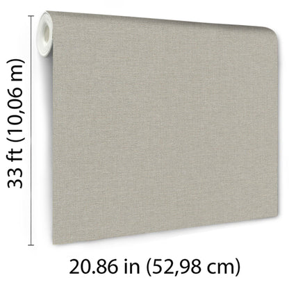Taupe linen-textured wallpaper roll with fabric look; 33 ft long, 20.86 in wide.