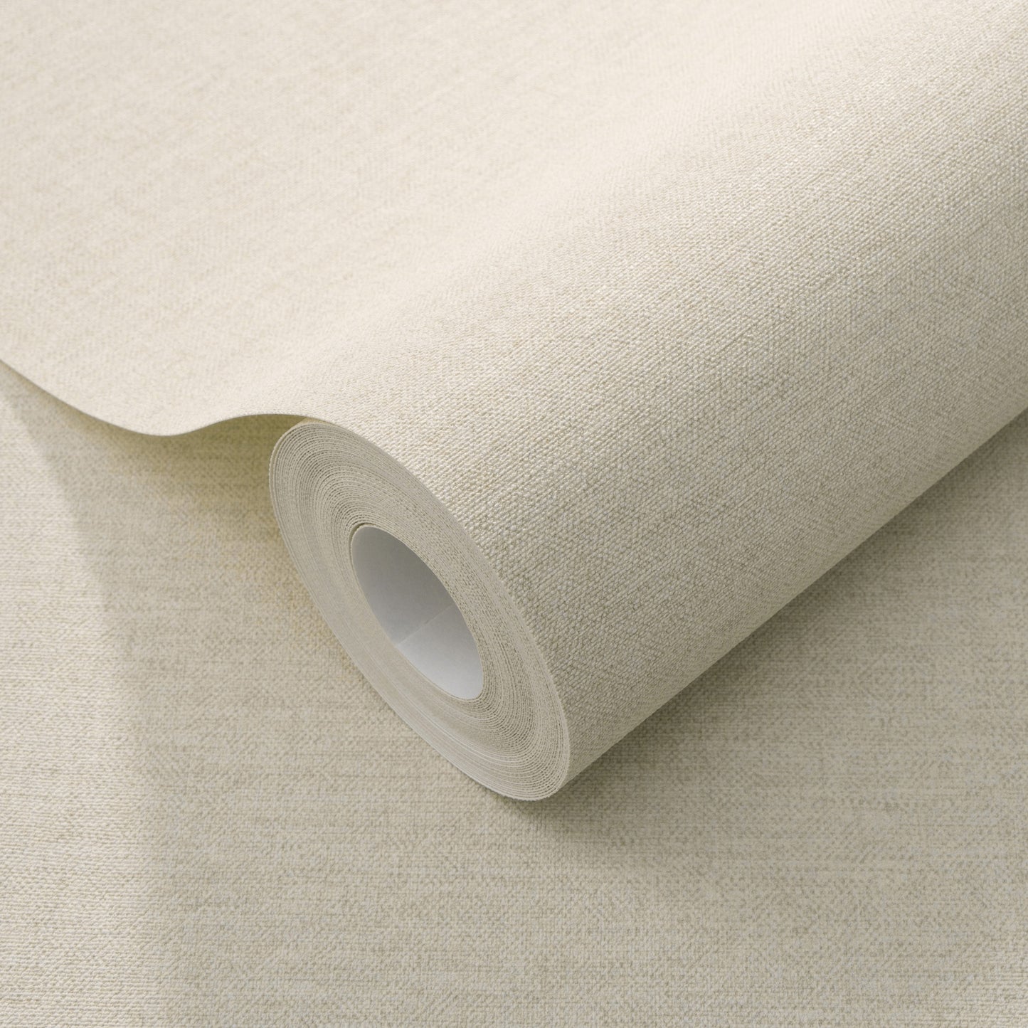 Off-white wallpaper roll with linen-textured surface and curled edge.
