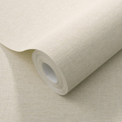 Off-white wallpaper roll with linen-textured surface and curled edge.