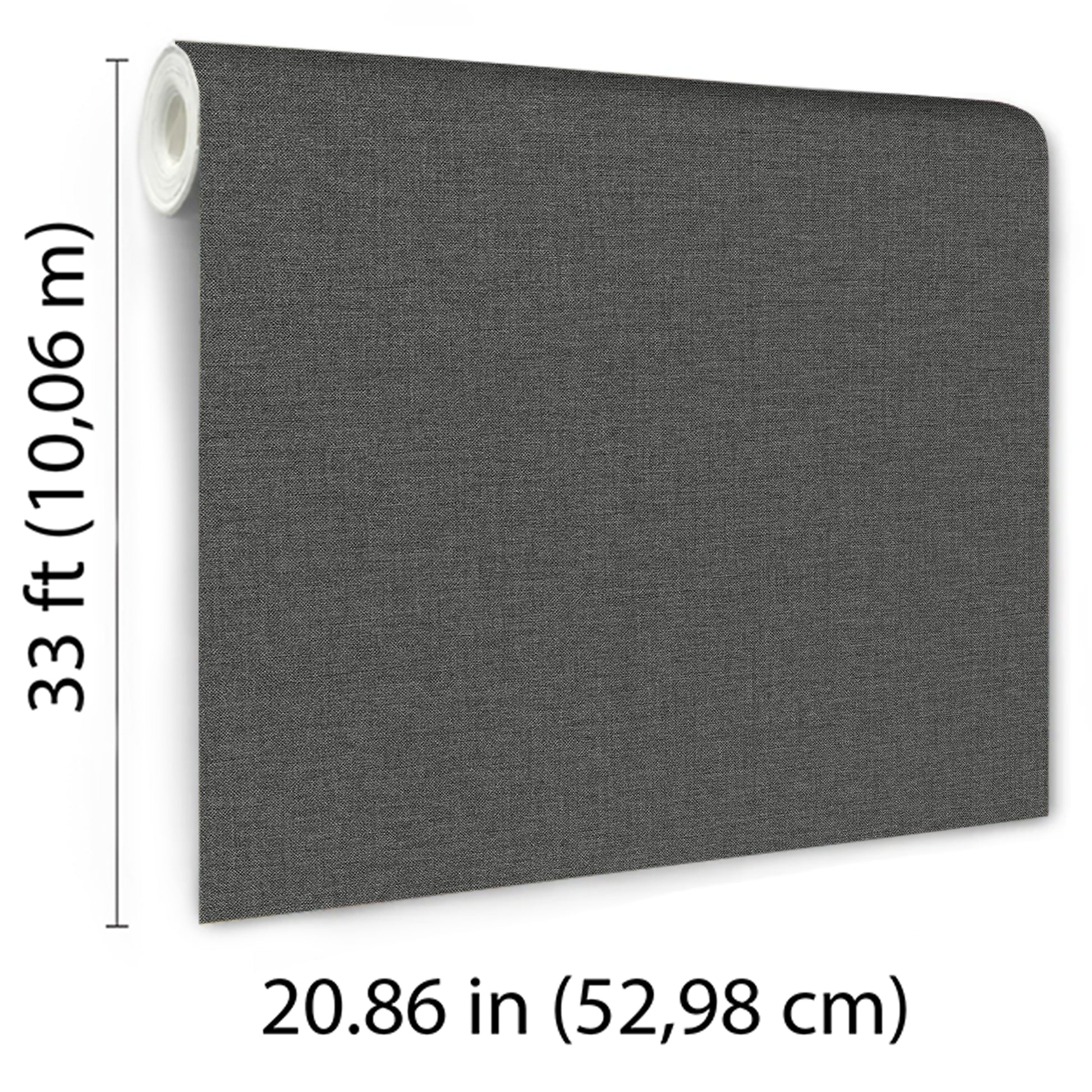 Dark gray wallpaper with a linen-like texture and traditional black pattern; wall covering, 33 ft tall by 20.86 in wide.