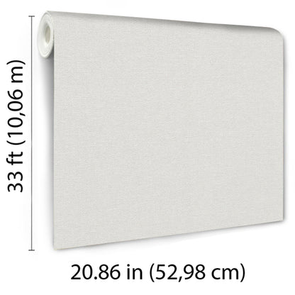 Beige textured wallpaper roll with fabric-like surface; partially unrolled panel, 20.86 in wide, 33 ft long.