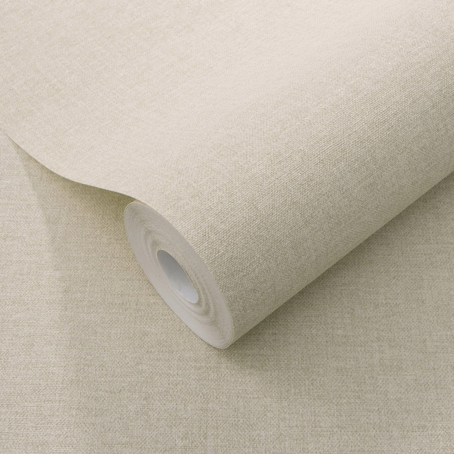 Beige linen-textured wallpaper roll with visible weave and soft, neutral color.