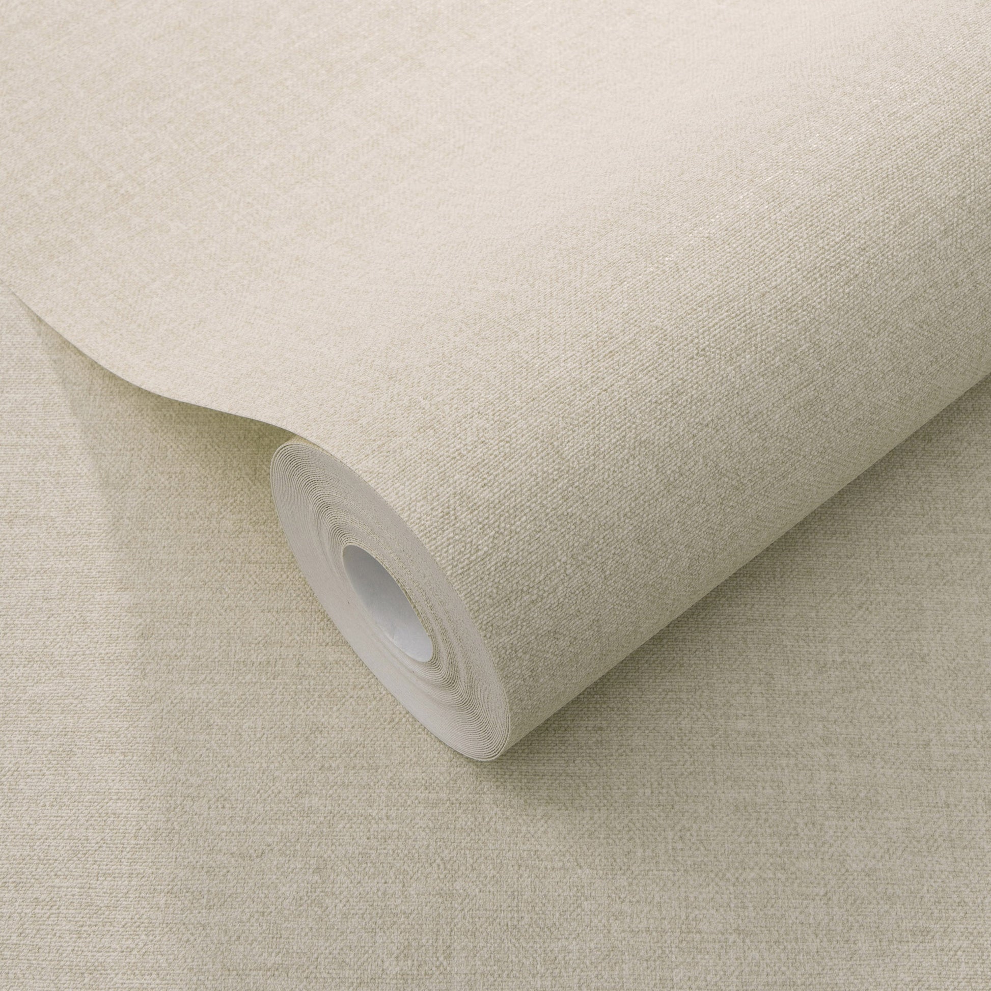 Beige linen-textured wallpaper roll with visible weave and soft, neutral color.