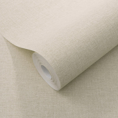 Beige linen-textured wallpaper roll with visible weave and soft, neutral color.
