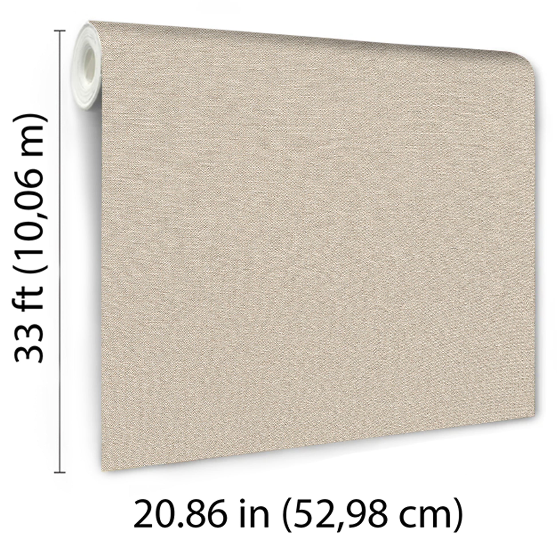 Pink linen-textured wallpaper swatch with a left-edge roll; rectangular wallpaper sample.