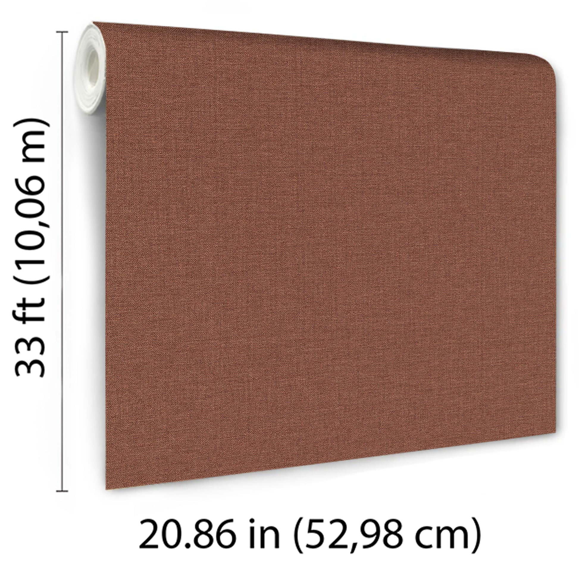 Red wallpaper with linen-textured surface in a traditional pattern; rolled left edge visible; 33 ft tall by 20.86 in wide.