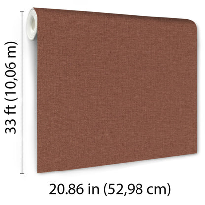 Red wallpaper with linen-textured surface in a traditional pattern; rolled left edge visible; 33 ft tall by 20.86 in wide.
