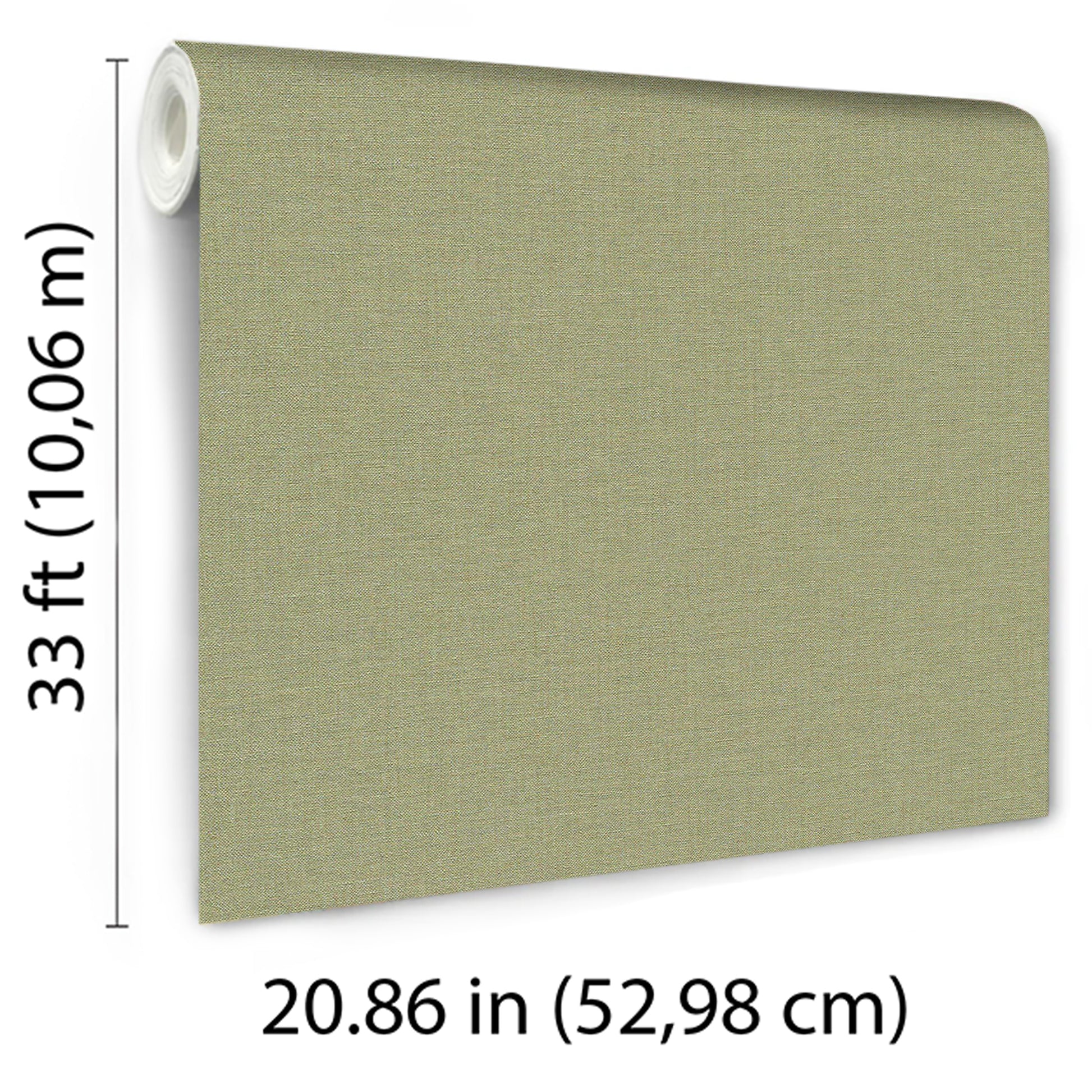 Sage textured linen-look wallpaper with rolled left edge; 20.86 in wide by 33 ft long.