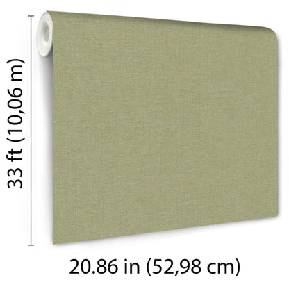 Sage textured linen-look wallpaper with rolled left edge; 20.86 in wide by 33 ft long.