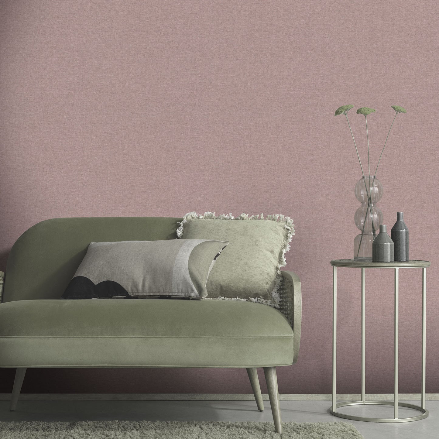 Purple traditional wallpaper with a linen-inspired pattern on the wall; soft lavender tones and subtle texture visible.