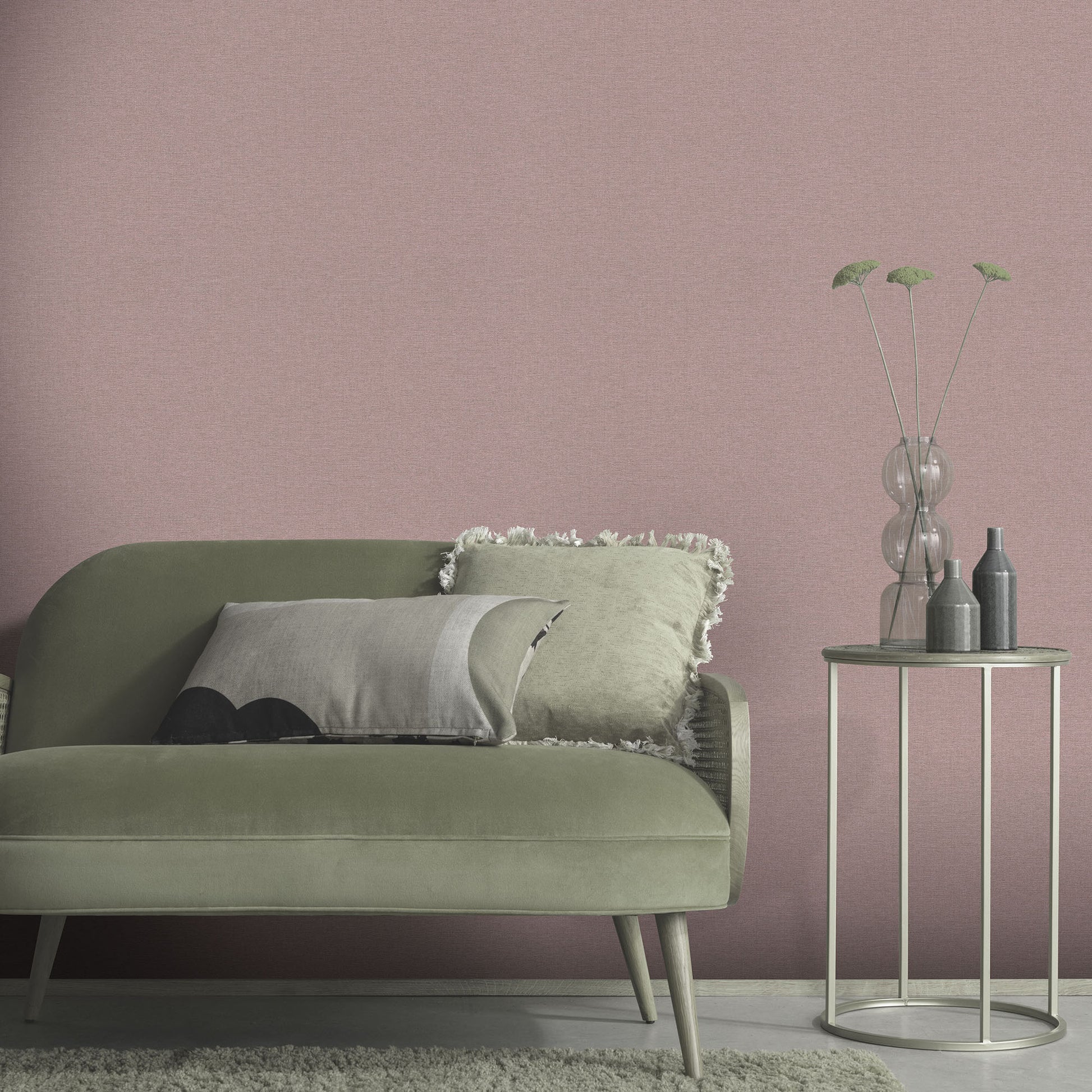 Purple traditional wallpaper with a linen-inspired pattern on the wall; soft lavender tones and subtle texture visible.