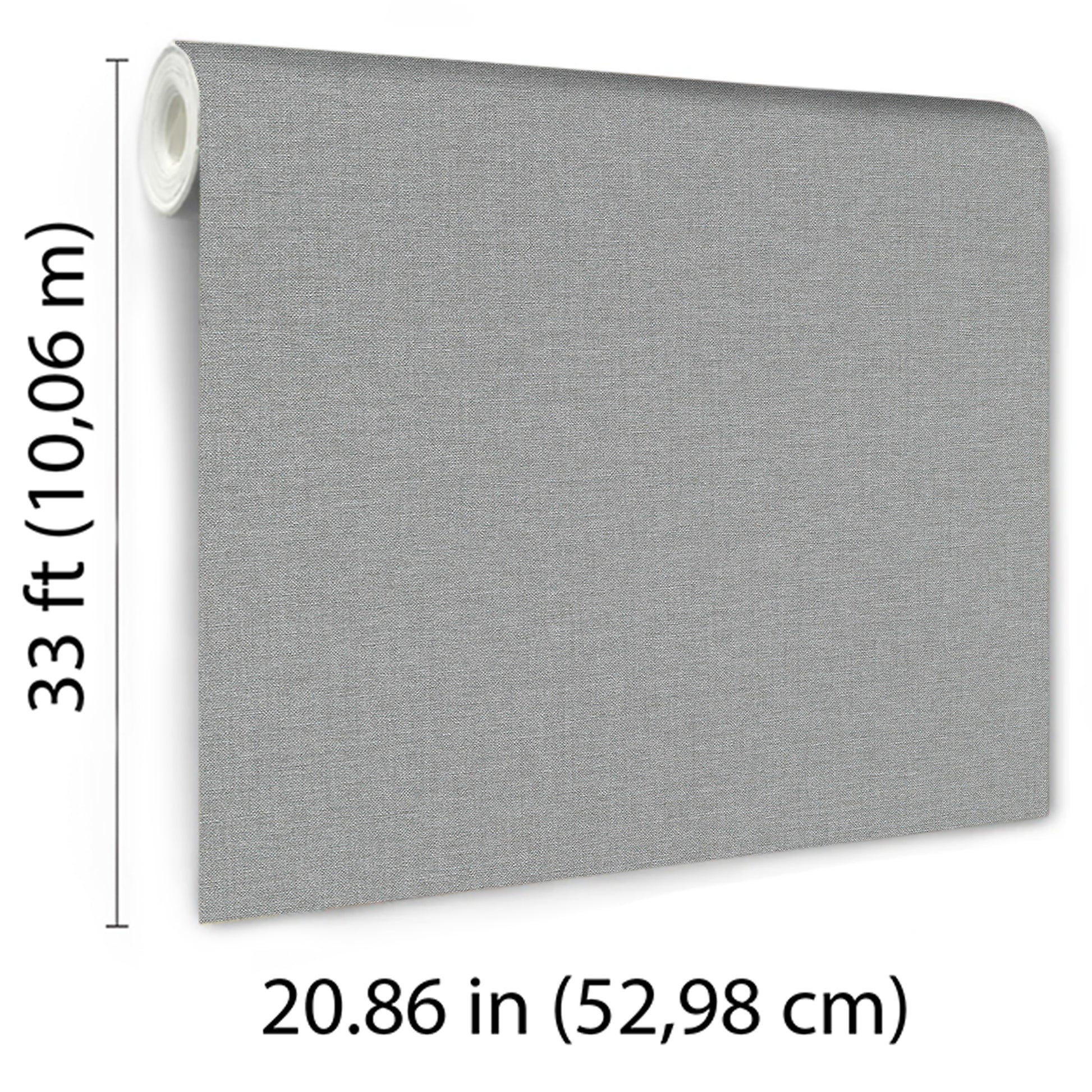 Grey textured wallcovering roll with rolled edge; fabric-like vinyl, 33 ft long by 20.86 in wide.