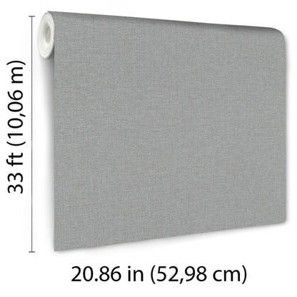 Grey textured wallcovering roll with rolled edge; fabric-like vinyl, 33 ft long by 20.86 in wide.