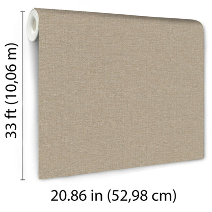 Brown woven linen-style wallpaper panel, textured fabric look; rolled edge, 20.86 in wide by 33 ft long.