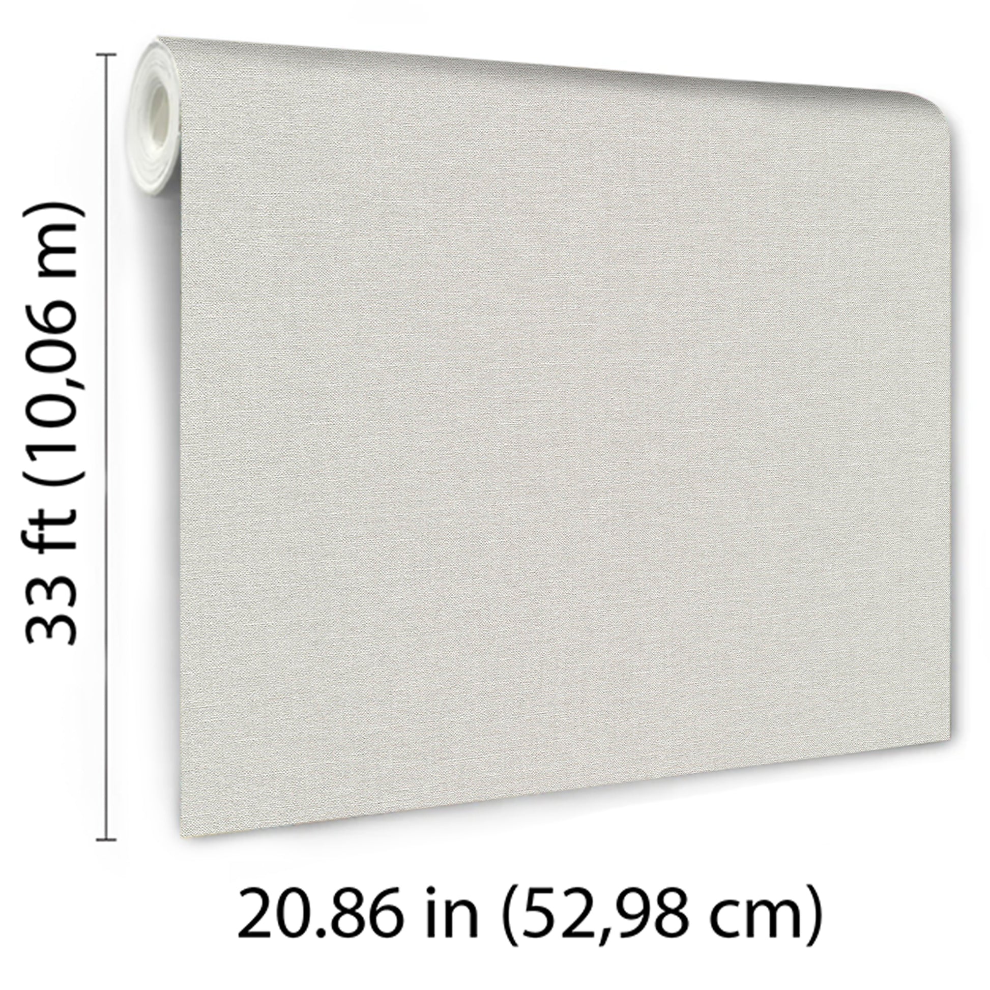 Cream linen-textured wallpaper roll, 33 ft long and 20.86 in wide, rolled end visible.