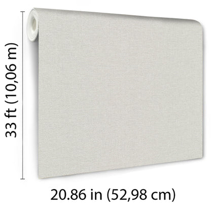Cream linen-textured wallpaper roll, 33 ft long and 20.86 in wide, rolled end visible.