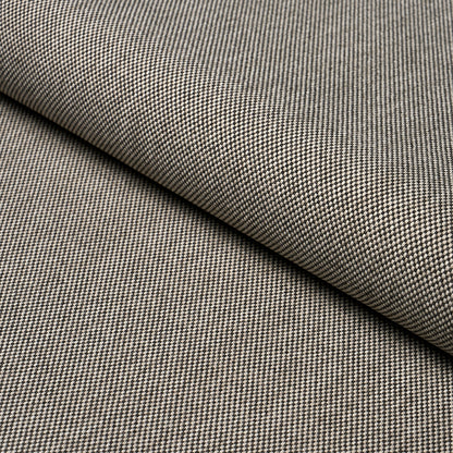 Beige and charcoal micro-check woven fabric, folded edge; fine textured tweed-like material for jackets or upholstery.