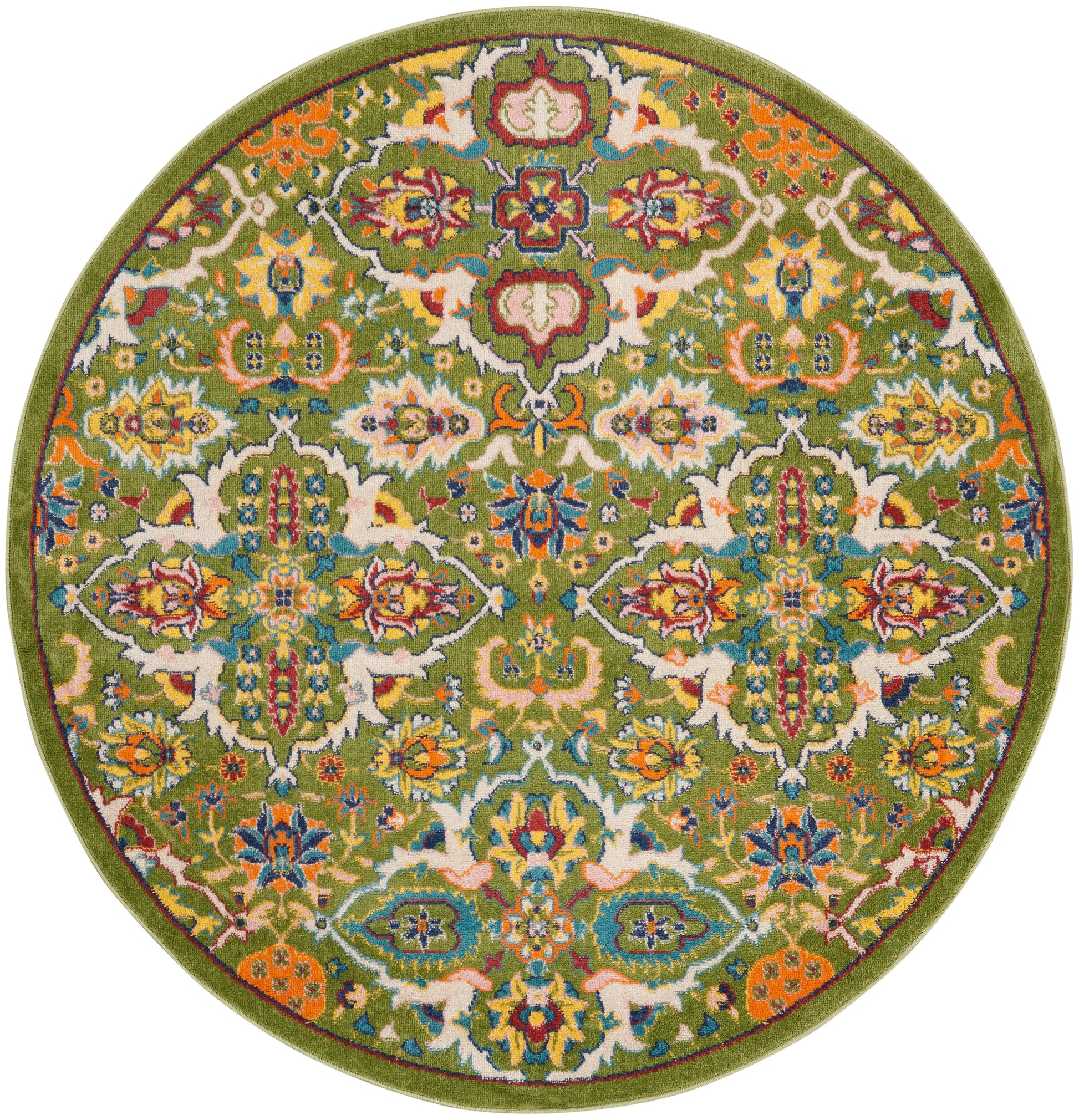 Round oriental rug with vibrant multicolor floral arabesque pattern and olive-green border.