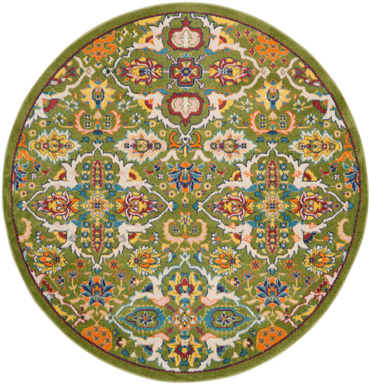 Round oriental rug with vibrant multicolor floral arabesque pattern and olive-green border.