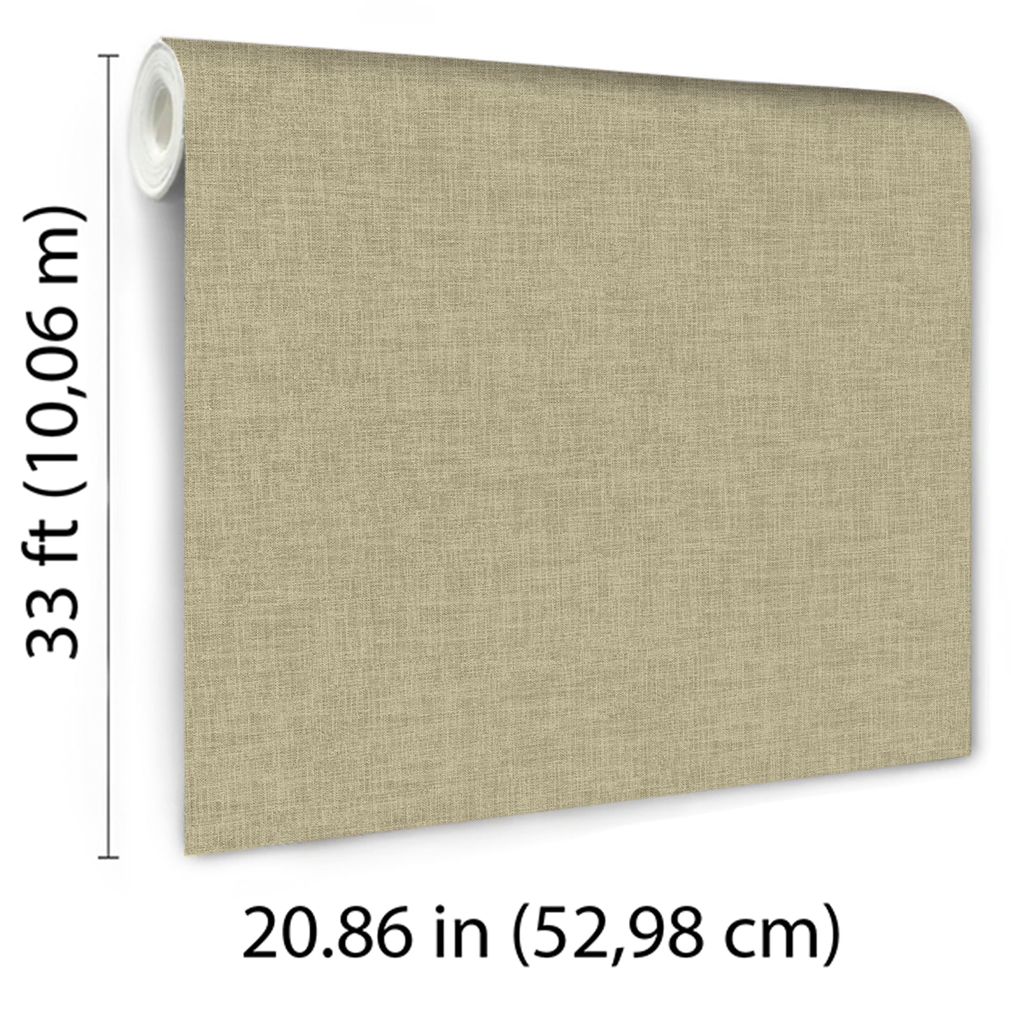 Sage linen-textured wallpaper roll with fabric weave, 52.98 cm wide by 10.06 m long.