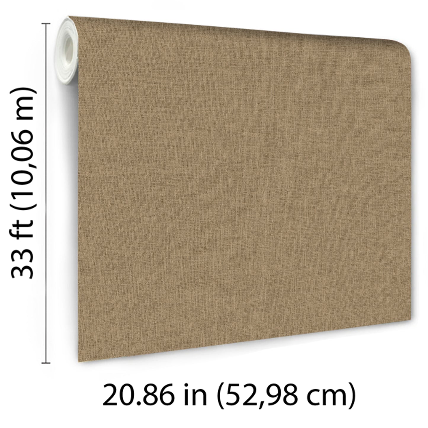 Brown linen-weave textured wallpaper panel with left-side roll; 33 ft long by 20.86 in wide.