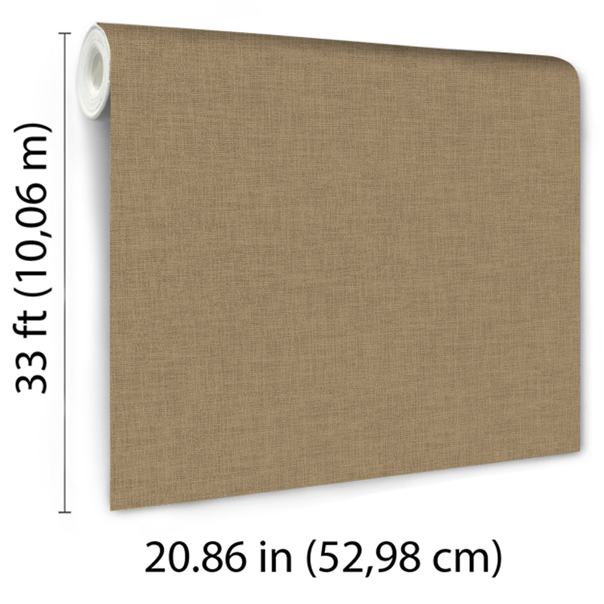 Brown linen-weave textured wallpaper panel with left-side roll; 33 ft long by 20.86 in wide.