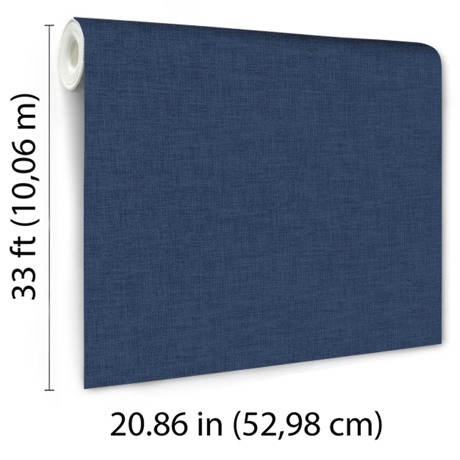 Blue textured denim-style navy wallpaper with linen-weave texture; roll visible on the left; 52.98 cm wide, 10.06 m tall.
