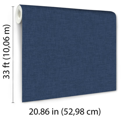 Blue textured denim-style navy wallpaper with linen-weave texture; roll visible on the left; 52.98 cm wide, 10.06 m tall.