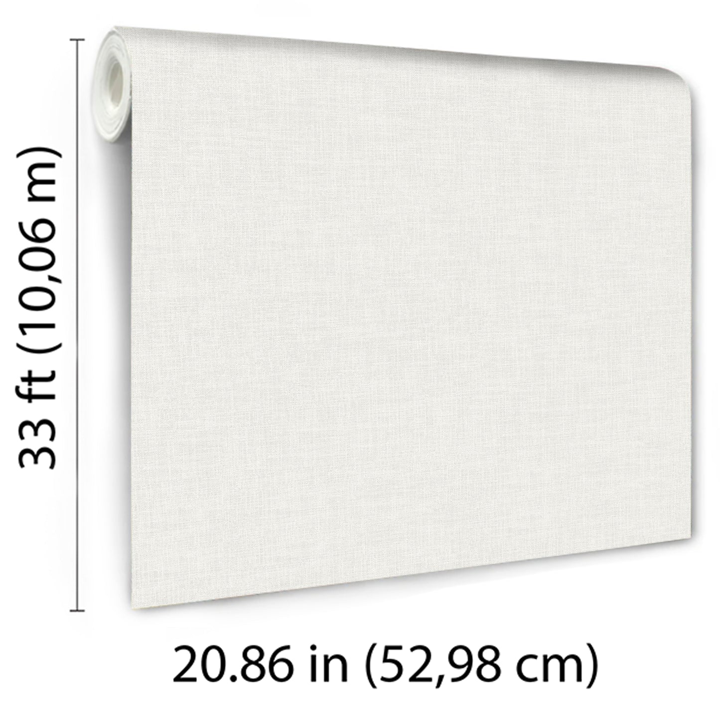 White linen-textured wallpaper panel with rolled edge on the left, fabric-look; 33 ft long by 20.86 in wide.