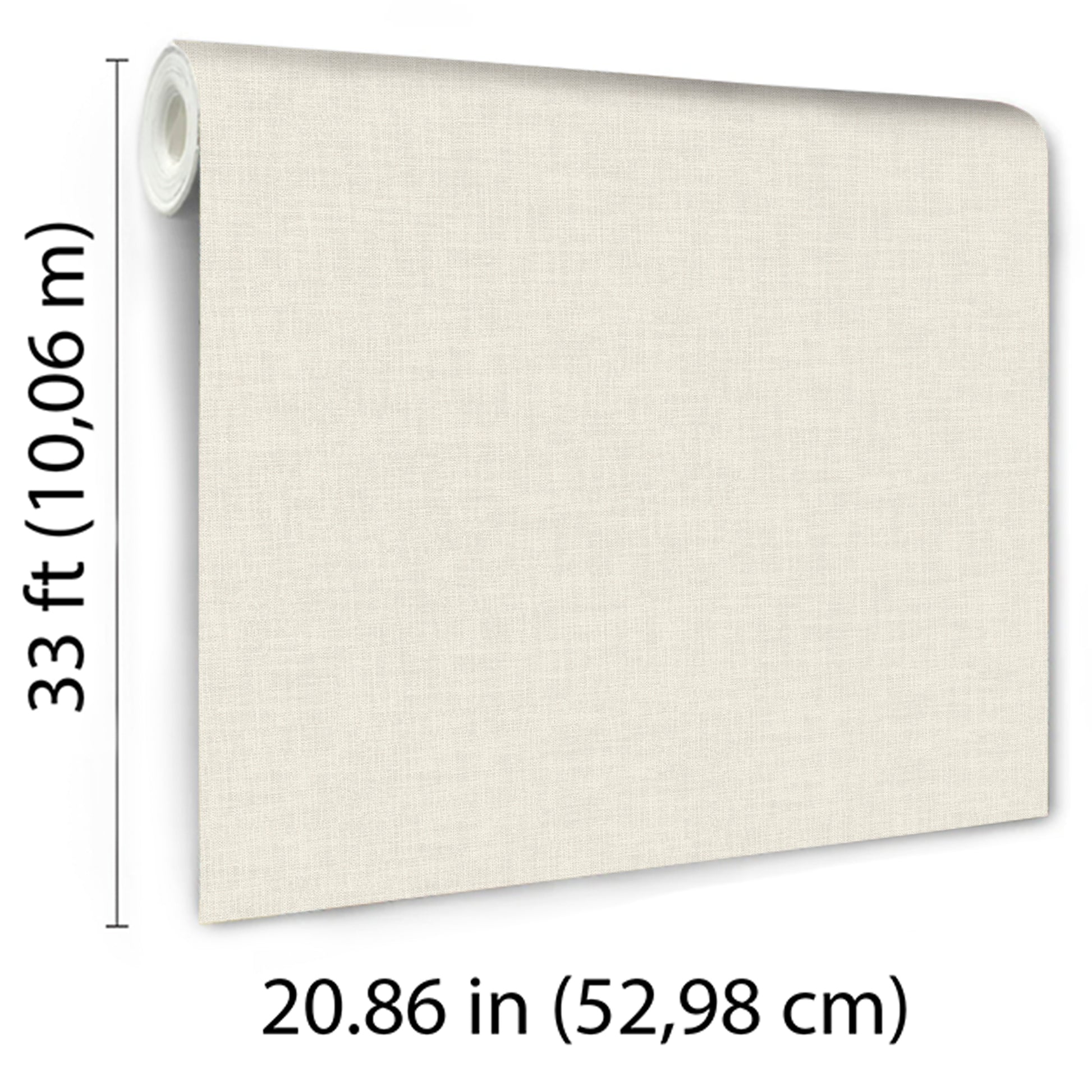 Cream linen-weave textured wallpaper roll; 33 ft long, 20.86 in wide.