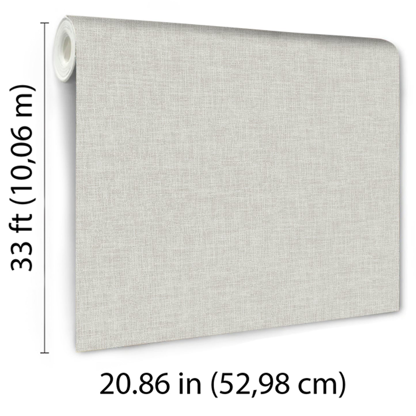 Beige linen-texture wallpaper roll, 52.98 cm wide by 10.06 m long, wall covering.
