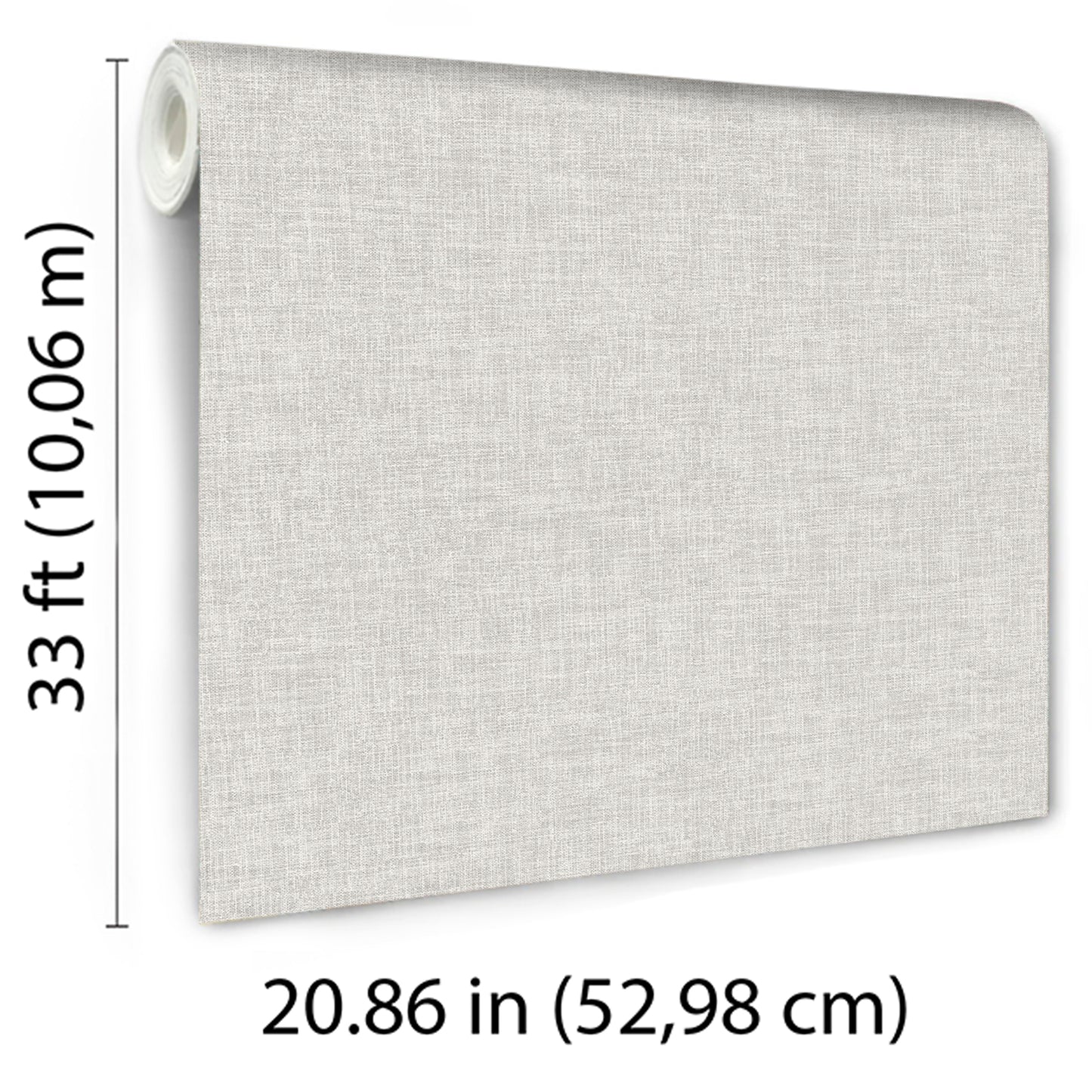 Light gray linen-textured wallpaper roll with fabric-look wallcovering, 33 ft long x 20.86 in wide.