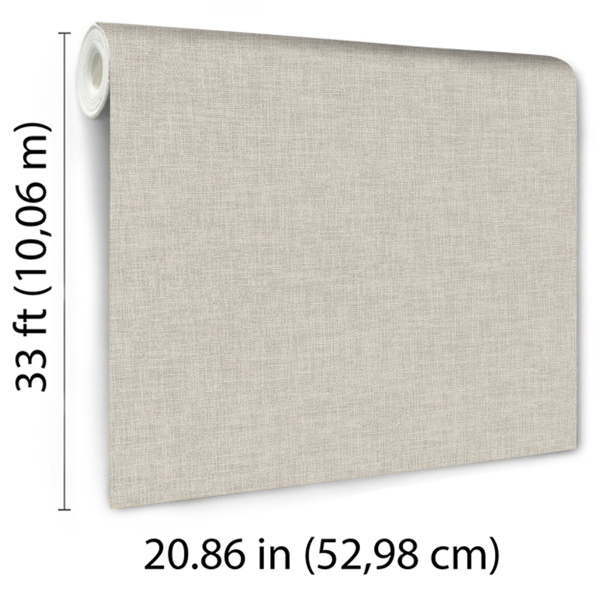 Taupe linen-weave texture wallpaper on a roll; rolled core visible, neutral decor, 20.86 in wide, 33 ft long.