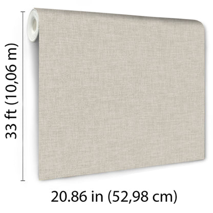 Taupe linen-weave texture wallpaper on a roll; rolled core visible, neutral decor, 20.86 in wide, 33 ft long.