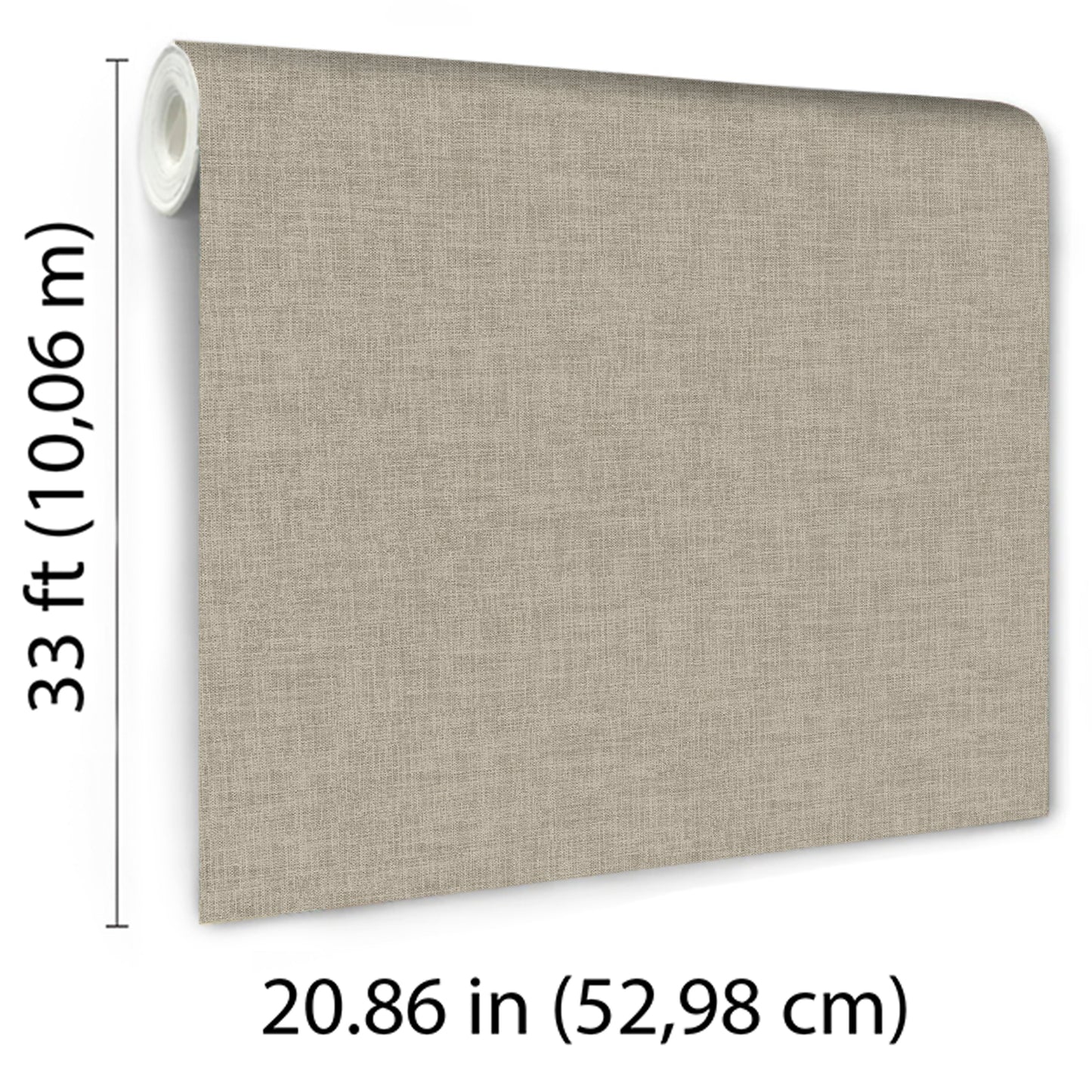 Beige linen-textured wallpaper roll; fabric-like wallcovering, 33 ft long by 20.86 in wide.