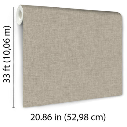 Beige linen-textured wallpaper roll; fabric-like wallcovering, 33 ft long by 20.86 in wide.