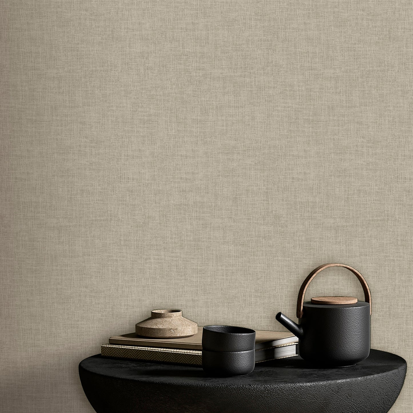 Beige sepia-toned wallpaper with a linen-weave texture.