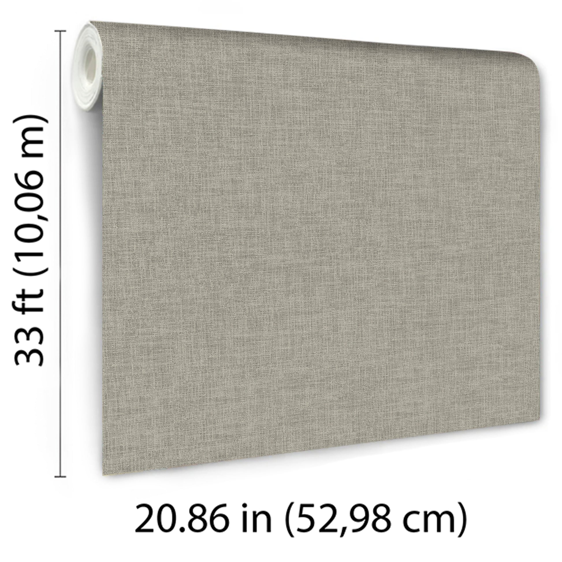 Tan linen-textured wallpaper panel with roll on left; fabric-like wall covering, 20.86 in wide, 33 ft long.