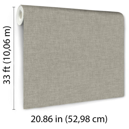 Tan linen-textured wallpaper panel with roll on left; fabric-like wall covering, 20.86 in wide, 33 ft long.