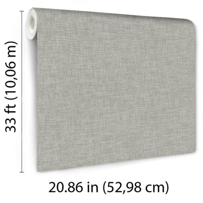 Gray linen-weave textured wallpaper on a roll; 20.86 in wide by 33 ft long.