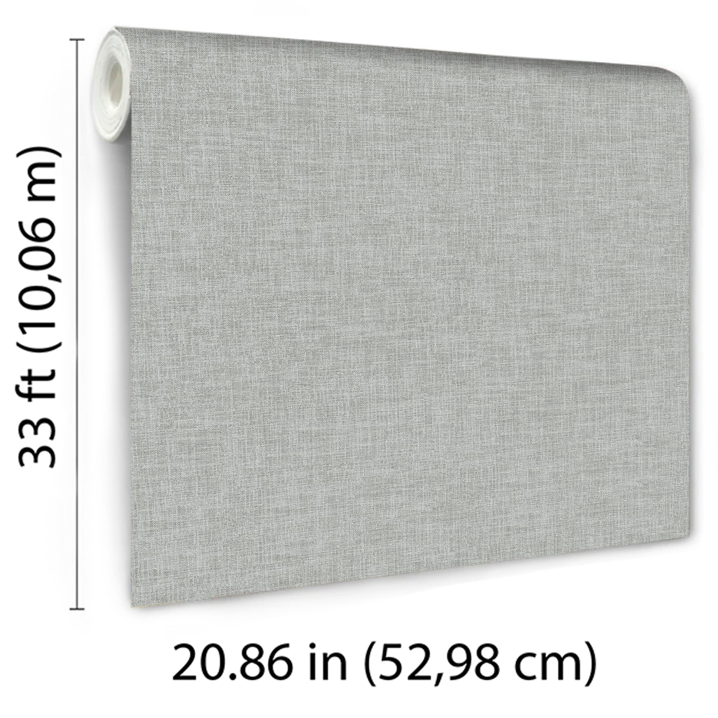 Blue linen-weave wallpaper roll with rolled end; length 33 ft and width 20.86 in.