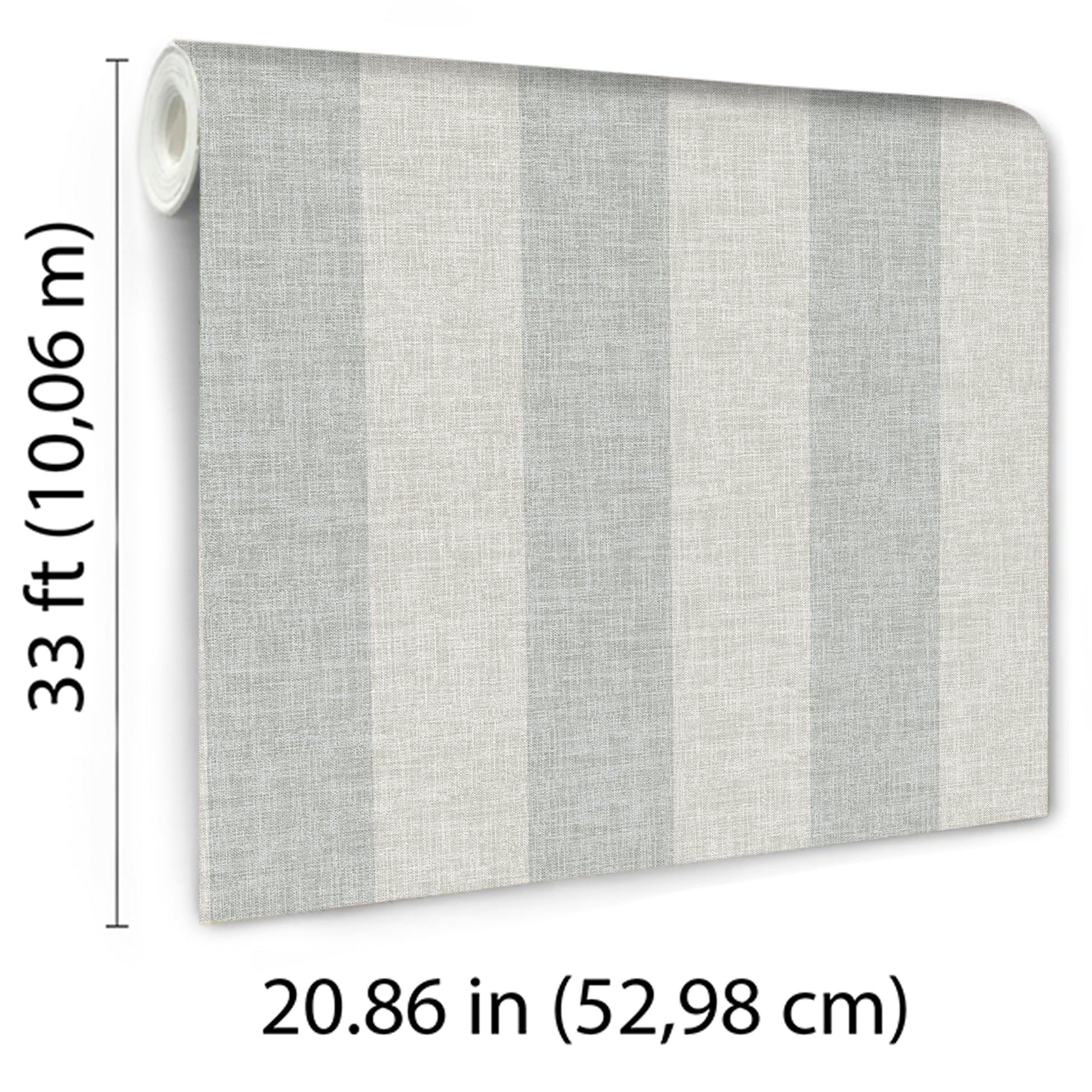 Wallpaper roll with vertical blue and linen-colored stripes and a linen-textured finish for walls.