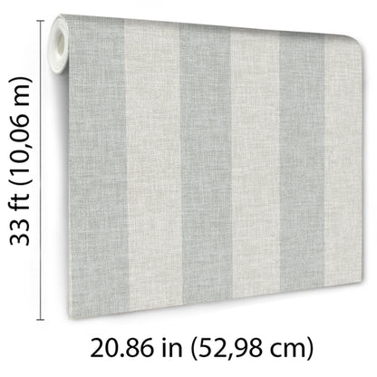 Wallpaper roll with vertical blue and linen-colored stripes and a linen-textured finish for walls.