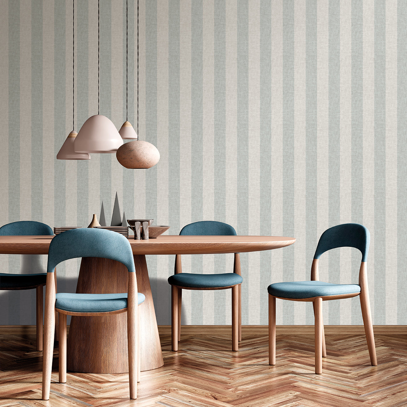 Blue linen-striped wallpaper on wall with a contemporary striped pattern.
