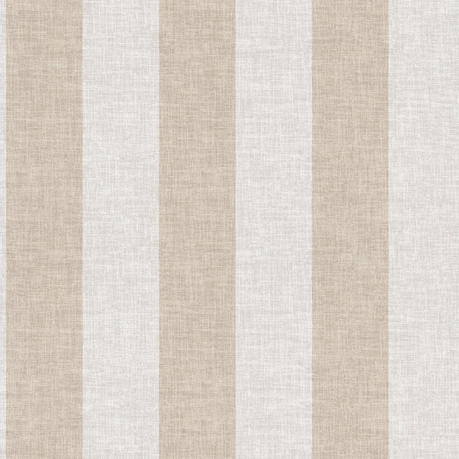 Taupe wallpaper with vertical linen-stripe pattern; beige and ivory tones.