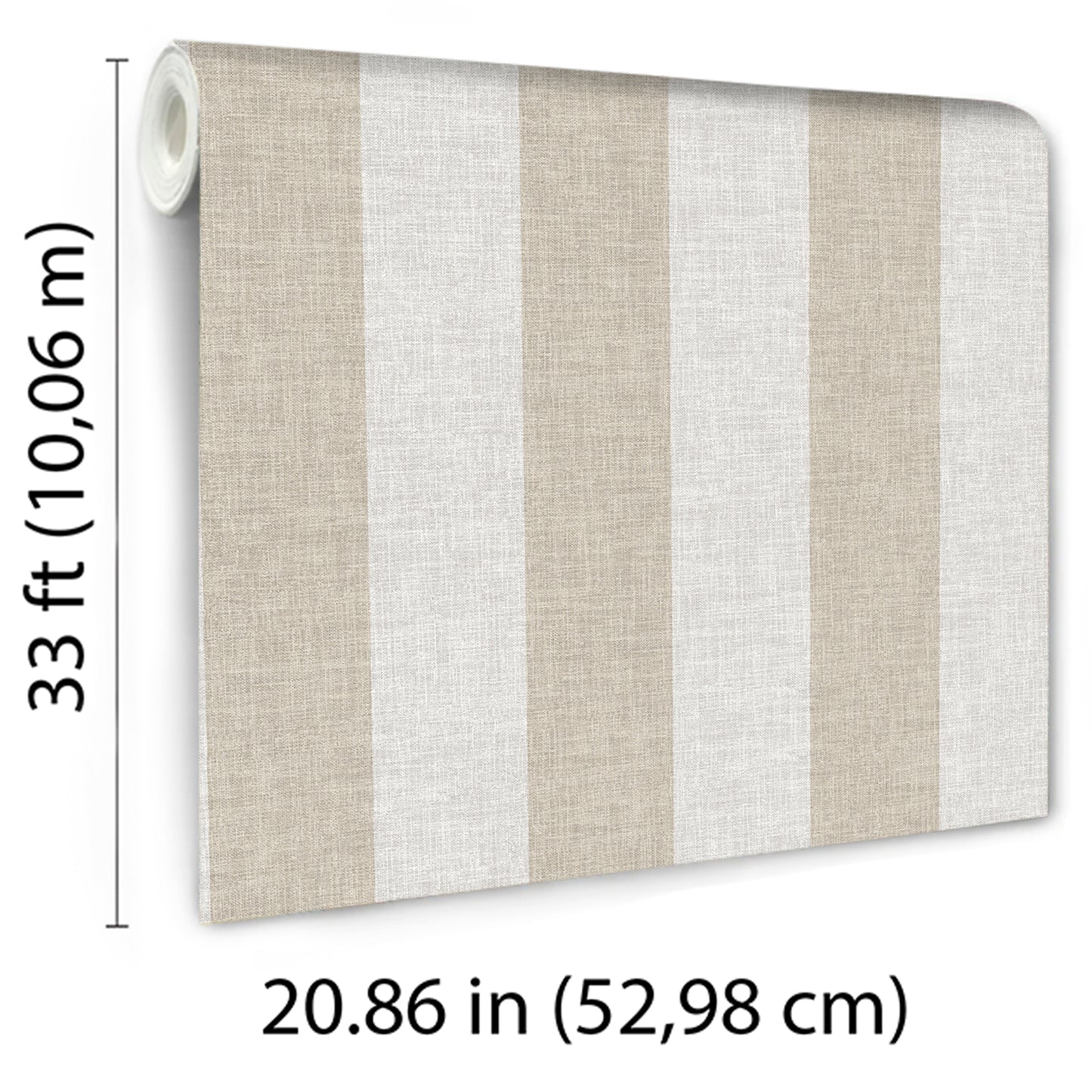 Beige and white vertical striped linen-textured wallpaper roll for walls; 52.98 cm wide